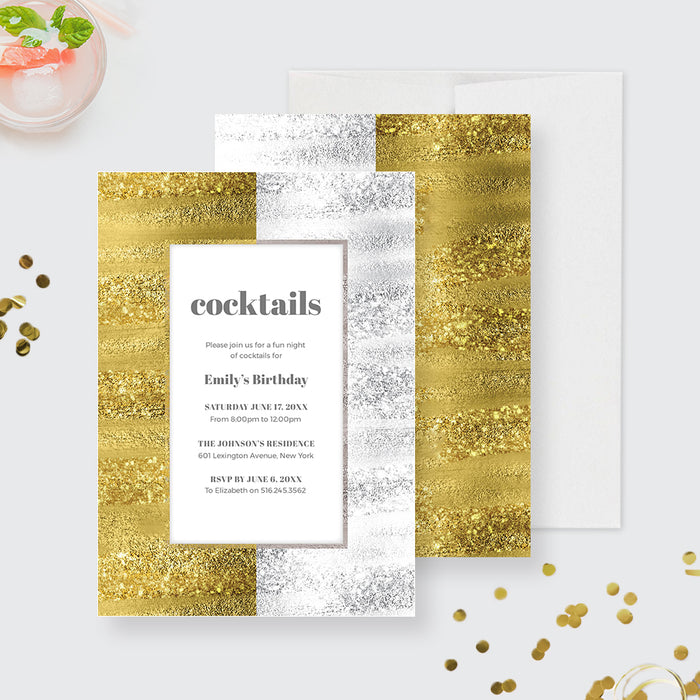 Elegant Cocktail Party Invitation Template, Gold and Silver Gala Night Corporate Business Event Digital Download Invites, 40th 50th 60th 70th Birthday Printable Invitation for Women
