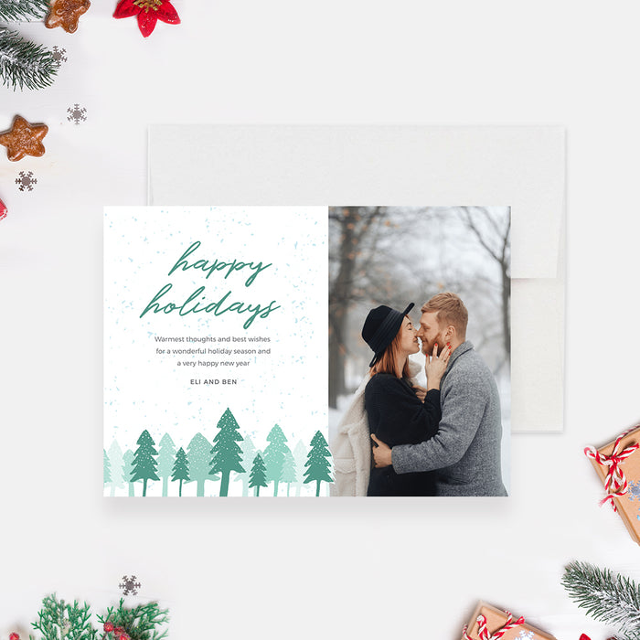 Happy Holidays Card with Photo Digital Download, Christmas Photo Card Template, Winter Holiday Card with Pine Trees, Merry Christmas Card Template, Editable Holiday Cards
