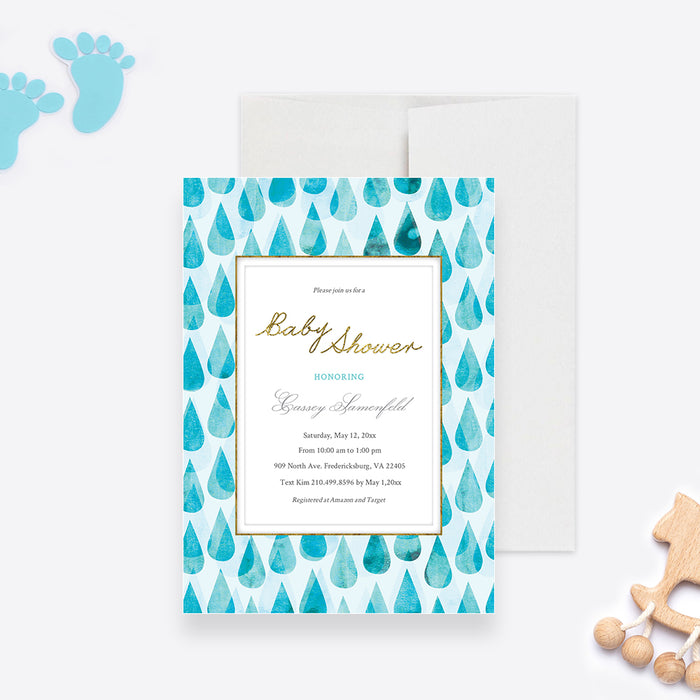 Blue Baby Shower Party Invitation Digital Download, Raindrops Baby Shower Cards, Custom Electronic Baby Boy Shower Invites, Couples Baby Shower