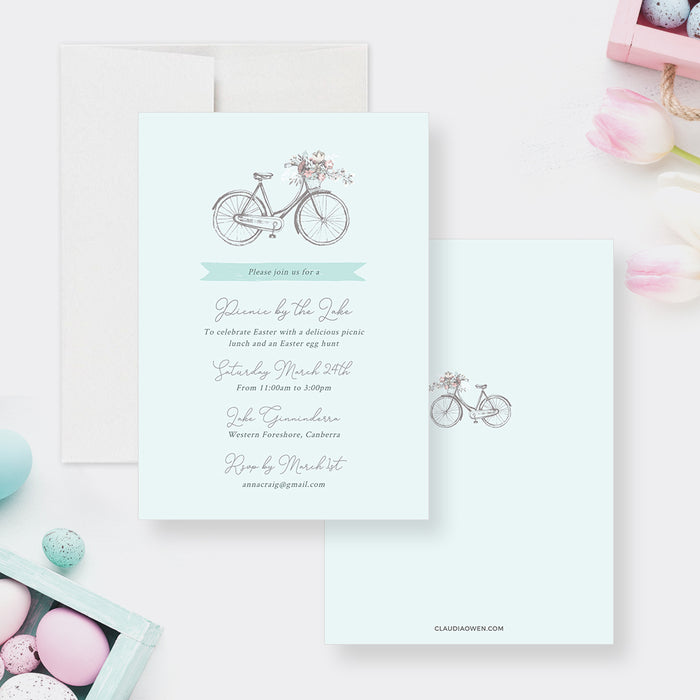 Picnic By The Lake Party Invitation, Picnic Lunch and Easter Egg Hunt Invites, Spring Picnic Birthday Invitation for Girls, Cute Vintage Bike Invitation, Ride on Over Bicycle Party