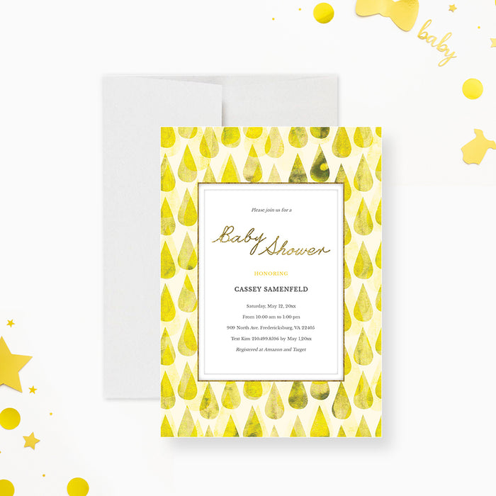 Yellow Baby Shower Invitation Editable Template, Personalized Couples Baby Shower for Boys and Girls, Raindrops Baby Sprinkle Printable Invites, Gender Neutral Baby Shower