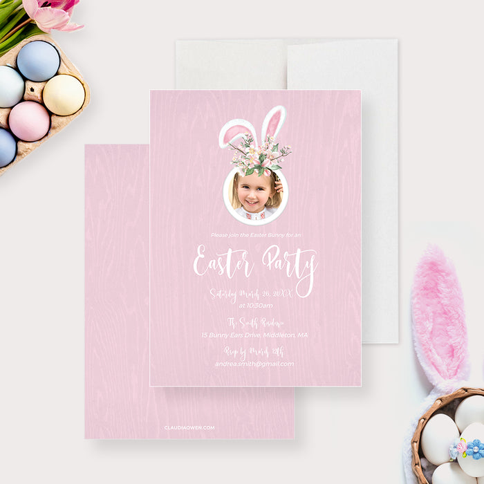 Easter Bunny Invitation with Photo Template, Pink Bunny Invitations with Girls Picture, Floral Bunny Rabbit Birthday Party Invitation, First Birthday Bunny Ears Photo Card