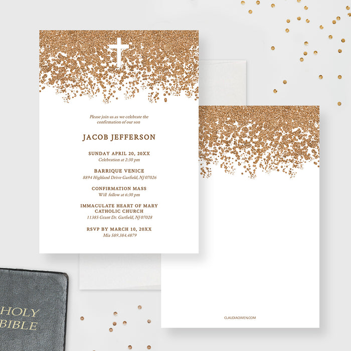 Confirmation Invitation Template, Catholic Invitation with Holy Cross, Baby Christening Invitation Digital Download, Church Event Invites, Religious Celebration with Sparkly Glitter
