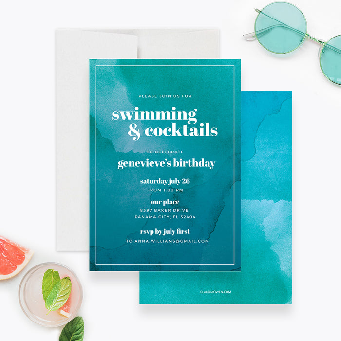 Swimming and Cocktails Birthday Party Invitation Template, Adult Cocktail Pool Party Invites, Swimming Pool Summer Party, Summer Bash Printable Invitation