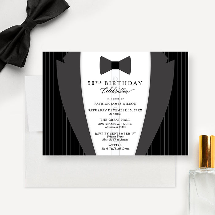 Black Tie Party Invitation, Tuxedo Suit Invitation, Bow Tie Men's Birthday Formal Invitation, 50th 60th Birthday Invitation For Men