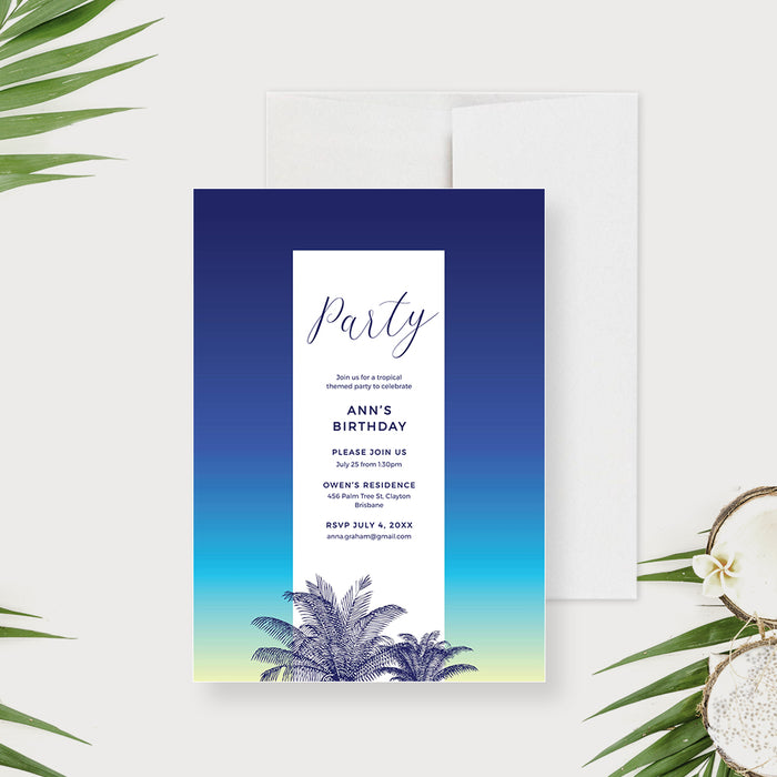 Tropical Summer Birthday Party Invitation Editable Template, Hawaiian Party Invite, Palm Tree Pool Party Printable Digital Download