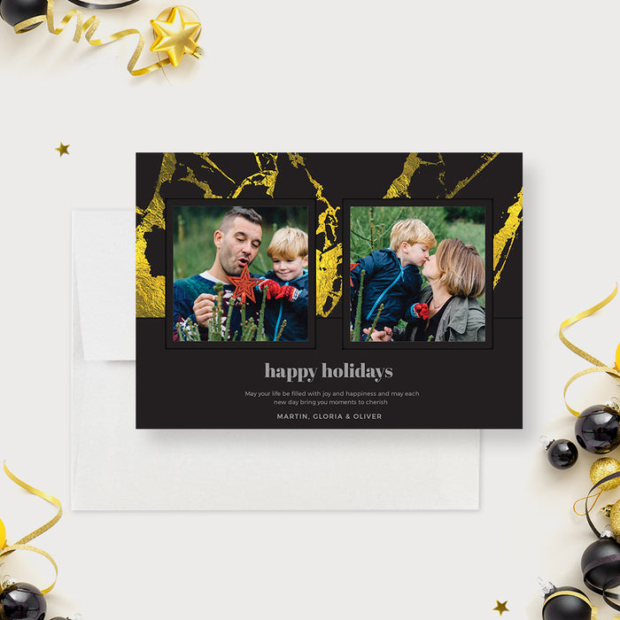 Happy Holidays Card with Photo Template, Christmas Photo Card Digital Download with Black and Gold Marble, Elegant Holiday Family Photo Card Printable Cards