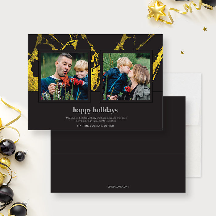 Happy Holidays Card with Photo Template, Christmas Photo Card Digital Download with Black and Gold Marble, Elegant Holiday Family Photo Card Printable Cards
