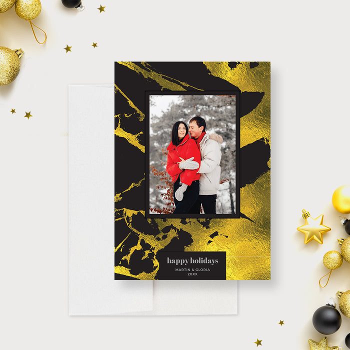 Christmas Greeting Cards with Photo Template, Happy Holidays Editable Card, Greeting Card with Couples Photo, Family Christmas Card Digital Download in Black and Gold