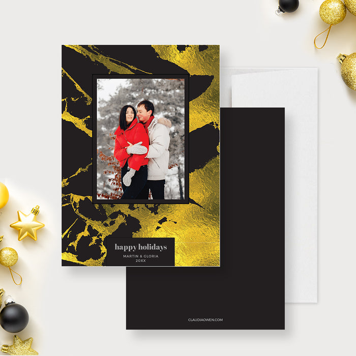 Christmas Greeting Cards with Photo Template, Happy Holidays Editable Card, Greeting Card with Couples Photo, Family Christmas Card Digital Download in Black and Gold