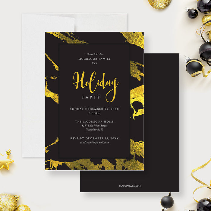 Elegant Holiday Party Invitation Template, Work Christmas Party Invite Digital Download, Holiday Work Party Printable Cards, Office Christmas Party with Black and Gold Marble