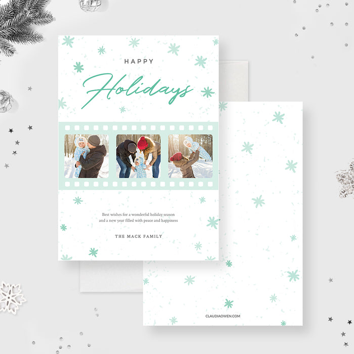 Happy Holidays Card Printable, Winter Family Holiday Card with Photo Template, Merry Christmas Card for Families and Couples, Photo Film Strip Holiday Cards Digital Download