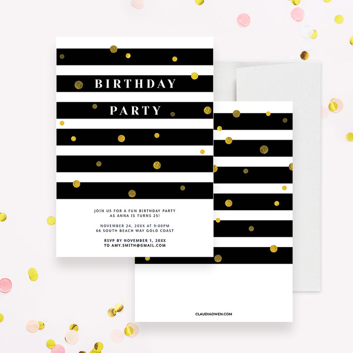 21st 25th 30th 40th Birthday Invitation Template in Black and White Stripes with Gold Confetti, Elegant Corporate Invite Digital Download, Retirement Party Invitation