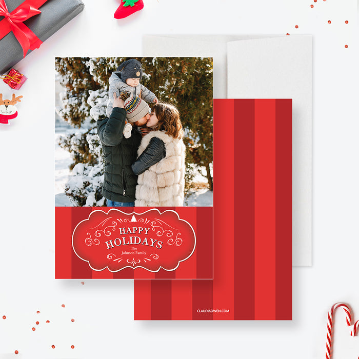 Happy Holidays Cards with Photo, Family Holiday Card Digital Download, Personalized Greeting Card for the Holidays, Christmas Photo Card Template with Red Stripes