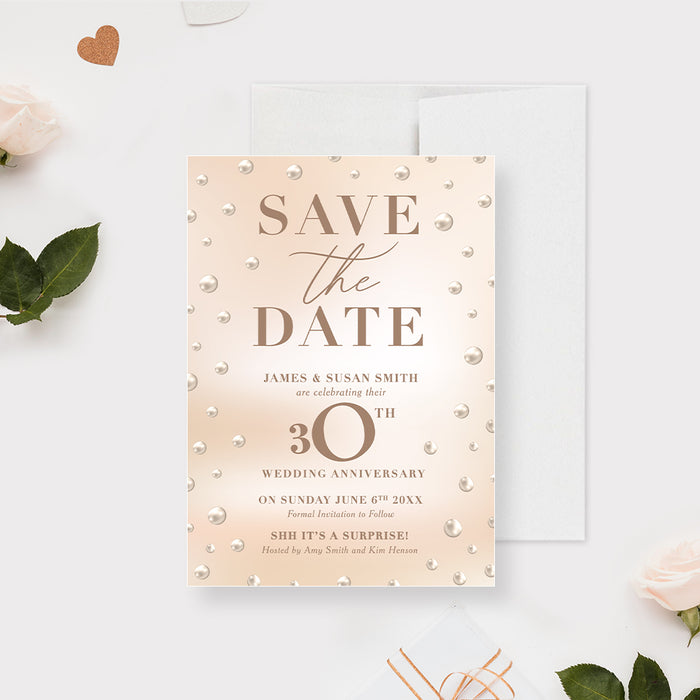 Pearl 30th Wedding Anniversary Save the Date Card, Pearl Birthday Save the Dates,  Pearl Themed Vow Renewal Save the Date Invites, Elegant Anniversary Save the Date