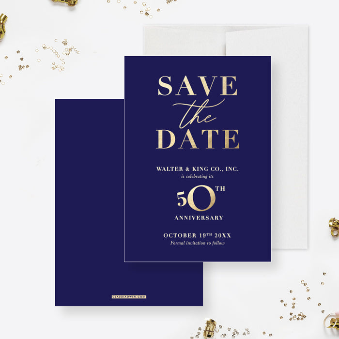Save the Date Card for Business Anniversary, Custom 50th Wedding Anniversary Invites, Fiftieth Anniversary Dinner, Fifty 50 Years, Sapphire Blue