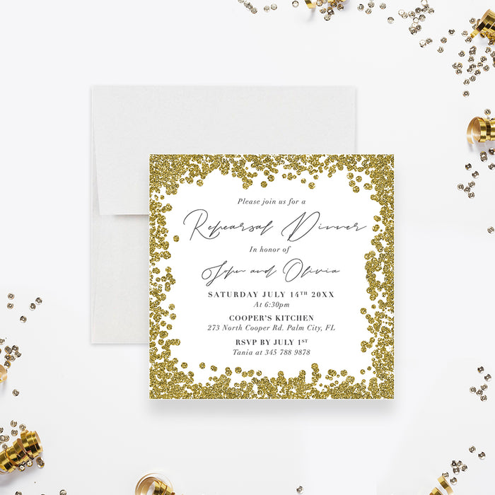 Rehearsal Dinner Invitation with Gold Glitter, Golden Wedding Anniversary Printed Invitations Elegant Gold Anniversary, 50th Wedding Anniversary Invitation with Sparkly Gold