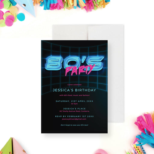 an 80s birthday party invitation card with a neon design
