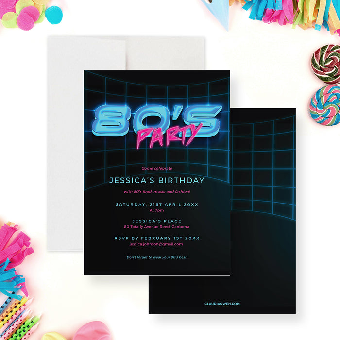 a black and blue 80s party invitation card with neon text