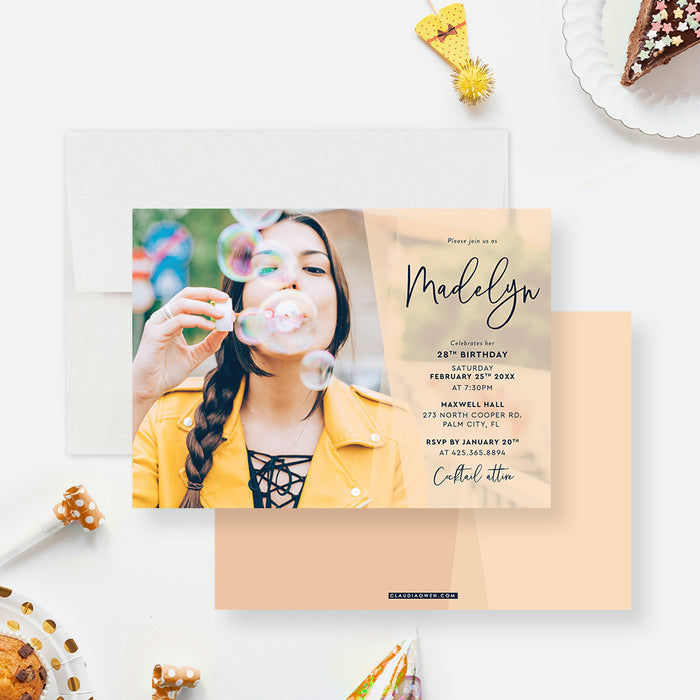25th 26th 27th 28th 29th Birthday Party Invitation with Photo, Modern Adult Party Photo Invites, Minimalist Invitation with Picture, Teen Birthday Photo Invitation for Girls and Women