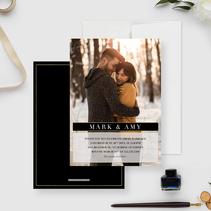 Simple Wedding Invitation Card with with Couple Photo, We Eloped Wedding Announcement Card, Marriage Invitation Card with Photo, Photo Wedding Shower Invitations in Gold Frame