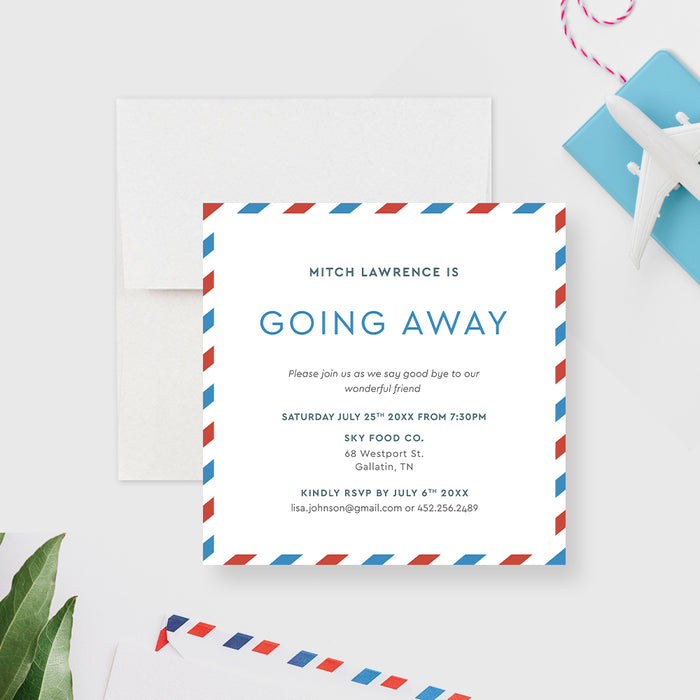 Going Away Party Invitation with Airmail Red and Blue Stripes, Printed Invitations for Moving Away Party, Goodbye Party Invitation, Going Away Party Invitation, Goodbye Party