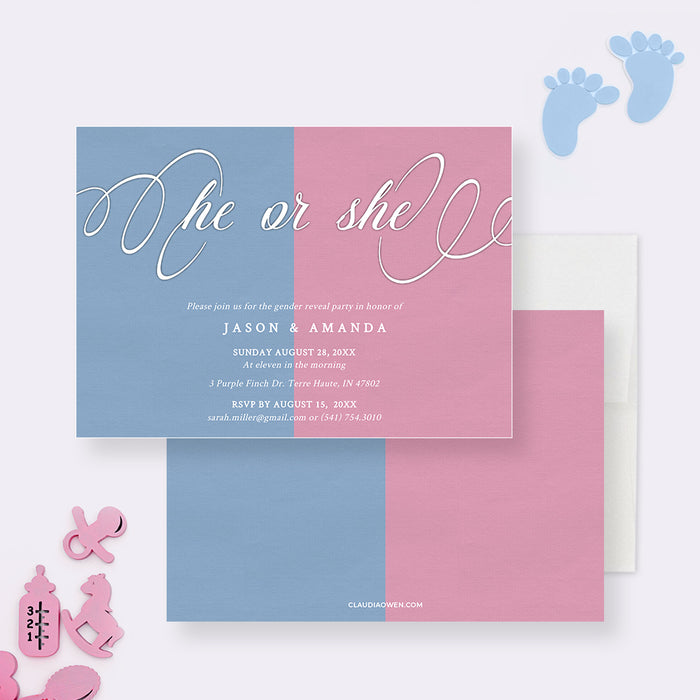 He or She Gender Reveal Party Invitation Template, Blue and Pink Printable Digital Download, Boy or Girl Instant Download