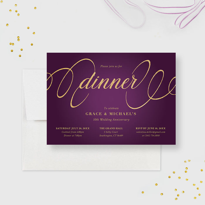Dinner Party Invitation Card, Wedding Anniversary Celebration, Maroon and Gold