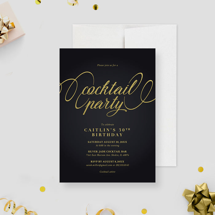 Cocktail Party Invitation Card, Birthday Celebration, Black and Gold