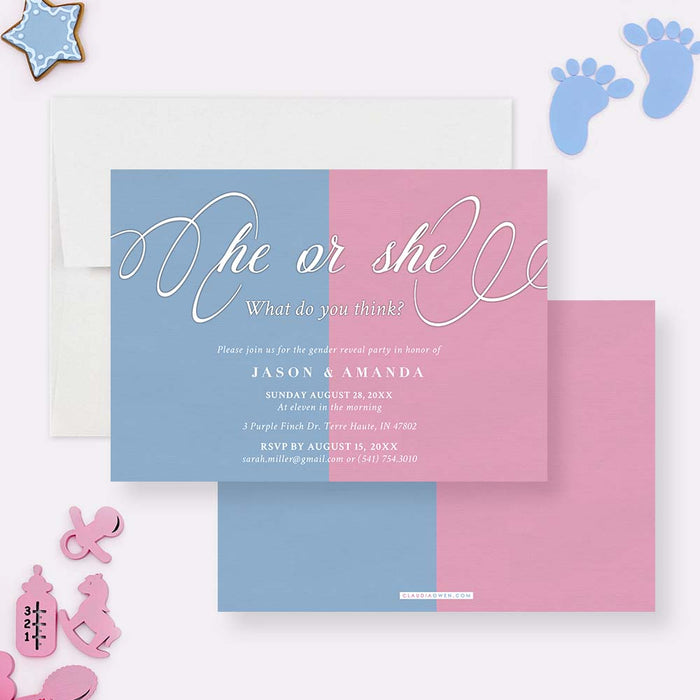 Gender Reveal Party Invitation, He or She What will it be, Blue and Pink