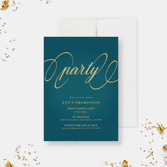 Job Party Promotion Invitation Card, Work Promotion, Teal and Gold