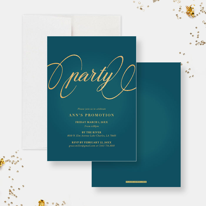 Job Party Promotion Invitation Card, Work Promotion, Teal and Gold