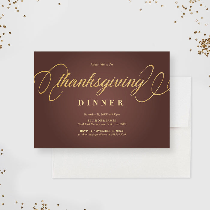 Thanksgiving Party Invitation Card, Brown and Gold