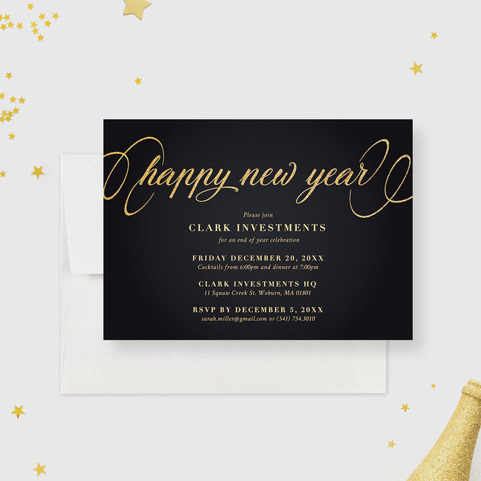 New Year’s Eve Party Invitation Card, Matte Black and Gold