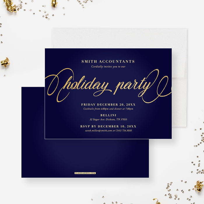 Holiday Party Invitation Card, Navy Blue and Gold