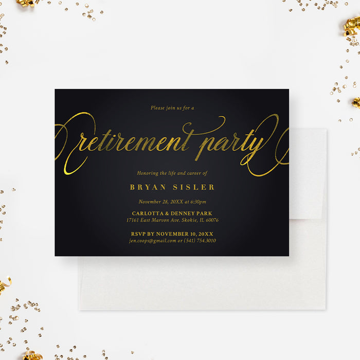 Retirement Party Invitation Card, Matte Black and Gold
