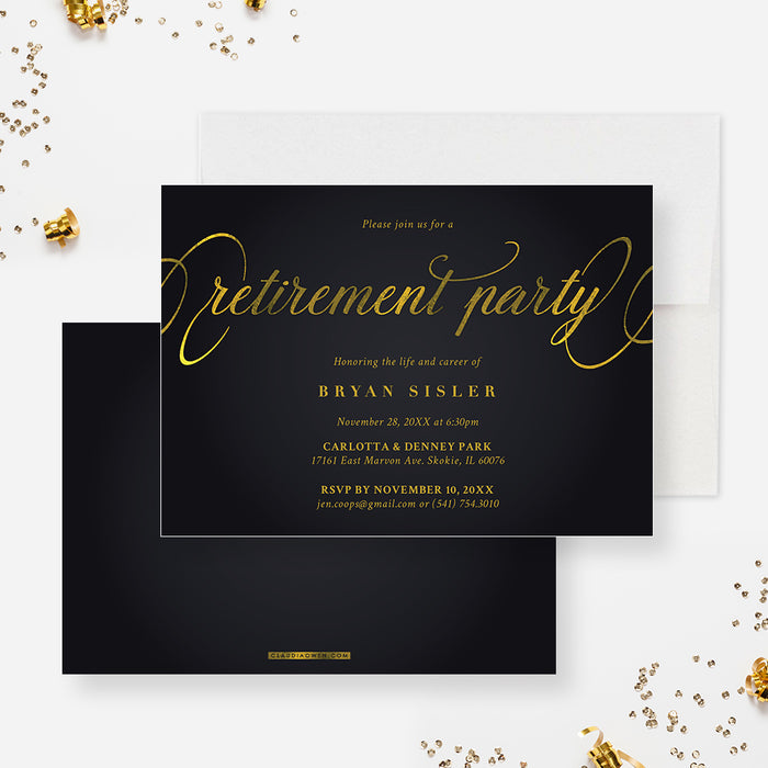 Retirement Party Invitation Card, Matte Black and Gold