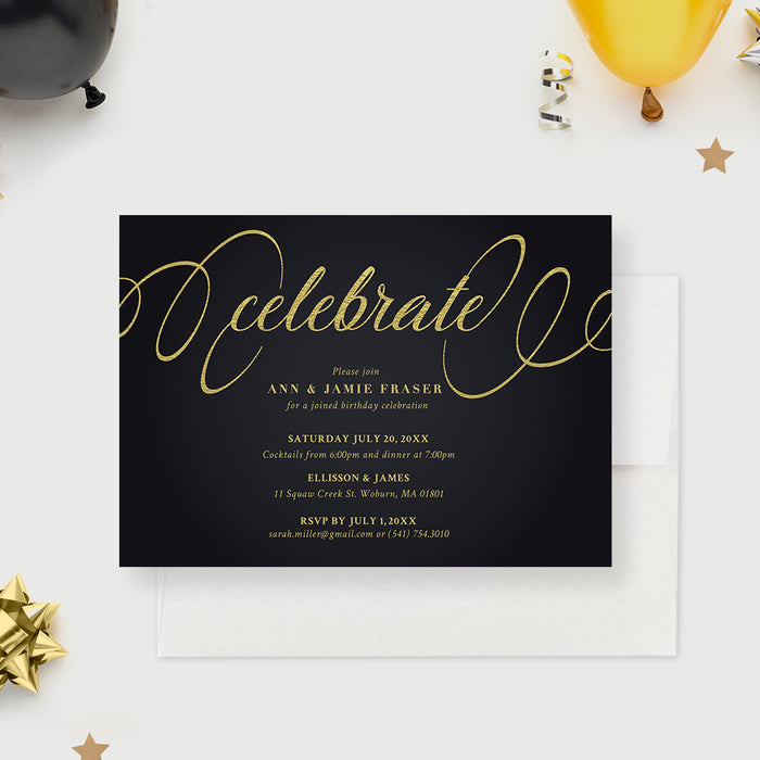 Birthday Party Invitation Card, Matte Black and Gold