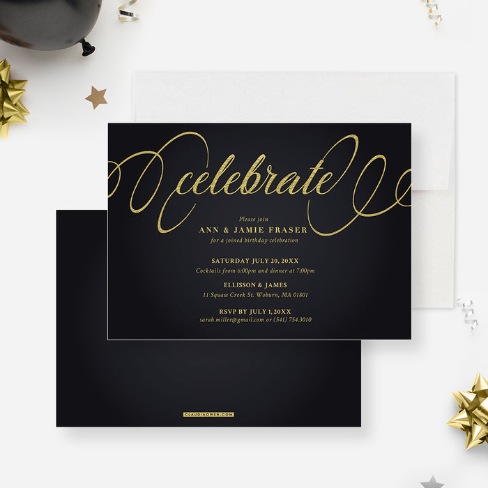 Birthday Party Invitation Card, Matte Black and Gold