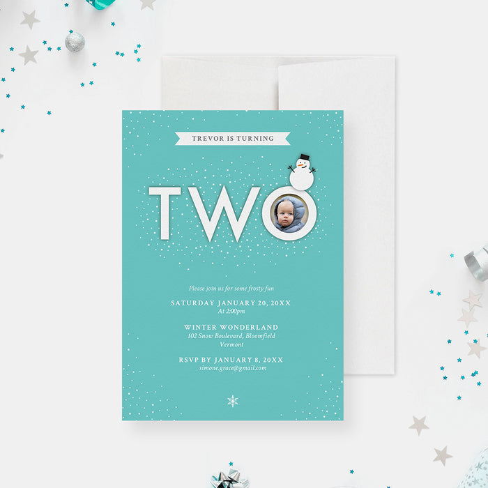 Second Birthday Party Invitation Card, Turning Two Mint Green and White