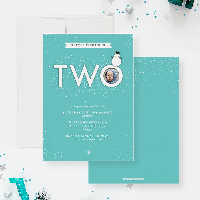 Second Birthday Party Invitation Card, Turning Two Mint Green and White