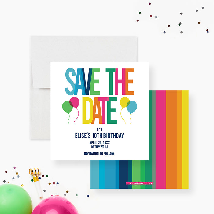 Colorful Birthday Party Save The Date Card for Children — Claudia Owen colorful-birthday-party-save-the-date-card-for-children-claudia-owen