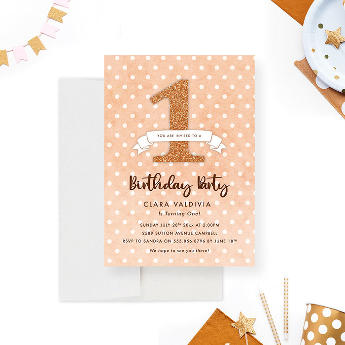 Our Little One's First Birthday Party in Orange Polka Dot Invitation Card