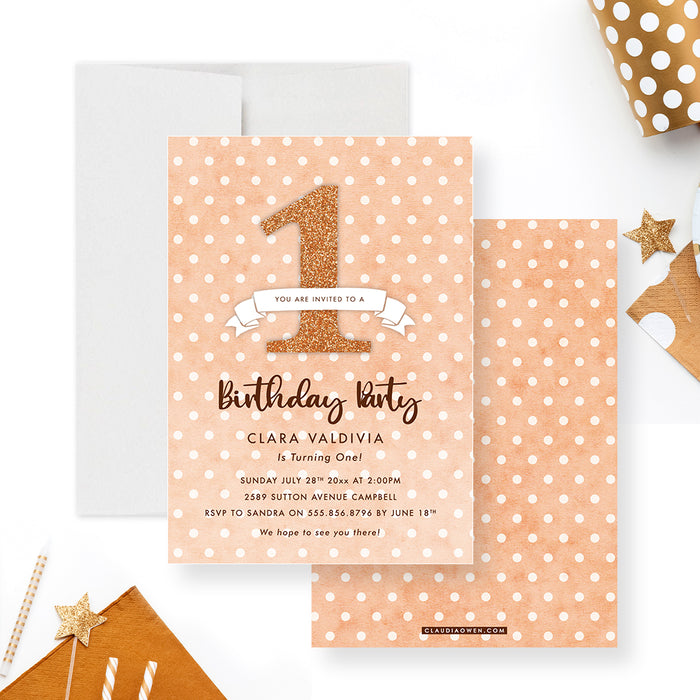 Our Little One's First Birthday Party in Orange Polka Dot Invitation Card