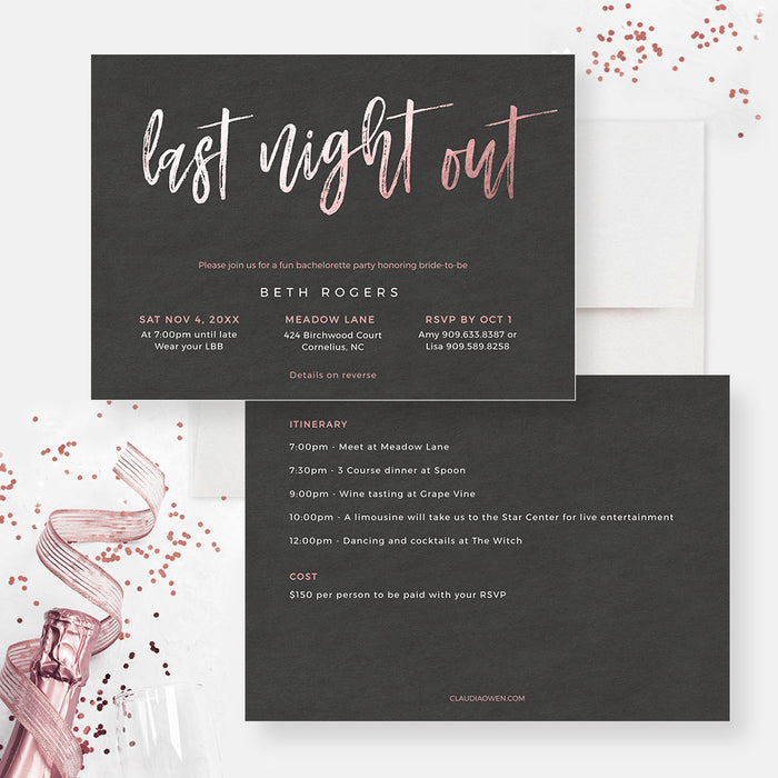 Last Night out Bachelorette Party Invitations, Weekend Itinerary Digital Download, Ladies Night Birthday Invites, Wedding Bridal Party with Agenda, Program of Events Printable Cards