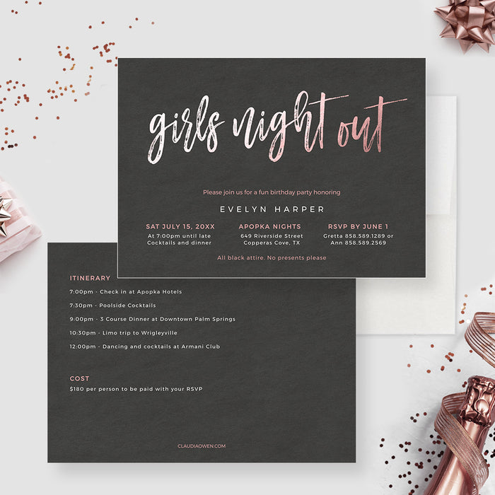 Girls Night out Birthday Party Invitations, Birthday Weekend Party Invites, Girls Trip Itinerary Template, Bachelorette Party with Order of Events, Bridal Party with Program Card