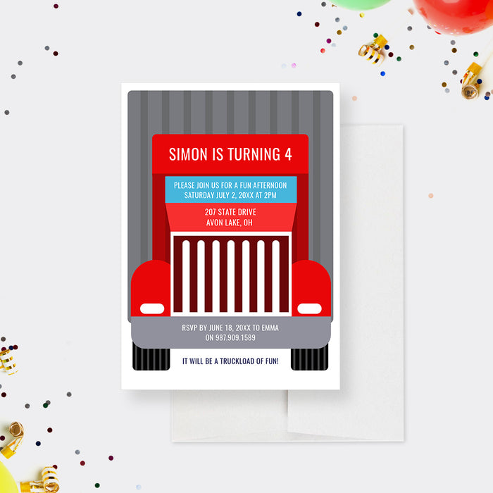 Red Truck Kids Birthday Party Invitation Editable Template, Boys Transportation Party Digital Download Invite, Personalized Printable Invitation