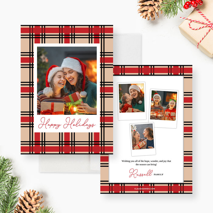 Modern Holidays Cards with Photo Template, Photo Christmas Card Digital Download, DIY Family Christmas Cards, Family Photo Printable Holiday Cards, Christmas Plaid Pattern