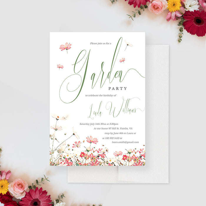 Garden Party Invitations Digital Download, Personalized Spring Birthday Invites, Floral Engagement Party Invitations, Summer Baby Shower, Bridal Brunch Party with Pink Flowers