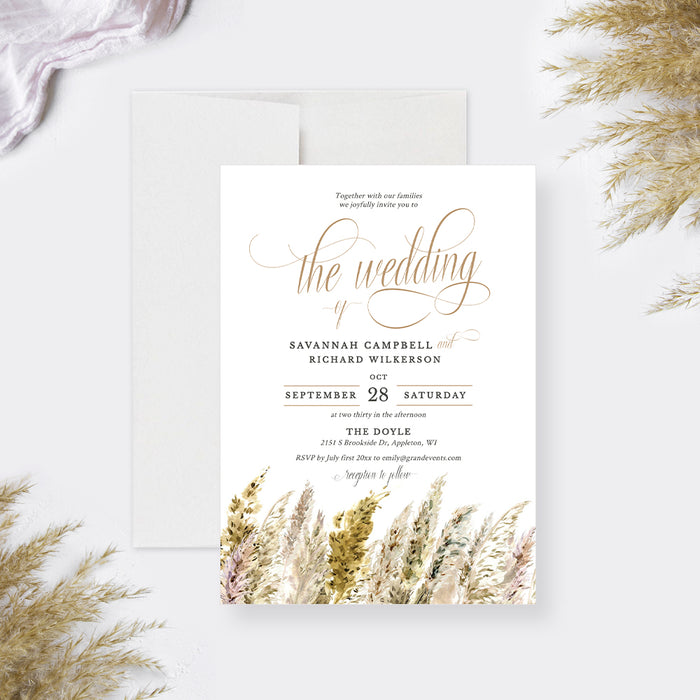 Pampas Grass Wedding Invitation Template, Boho Bridal Shower Invites, Rustic Rehearsal Dinner Digital Download, Bridal Lunch Invites with Dried Flowers, Bohemian Wedding Cards